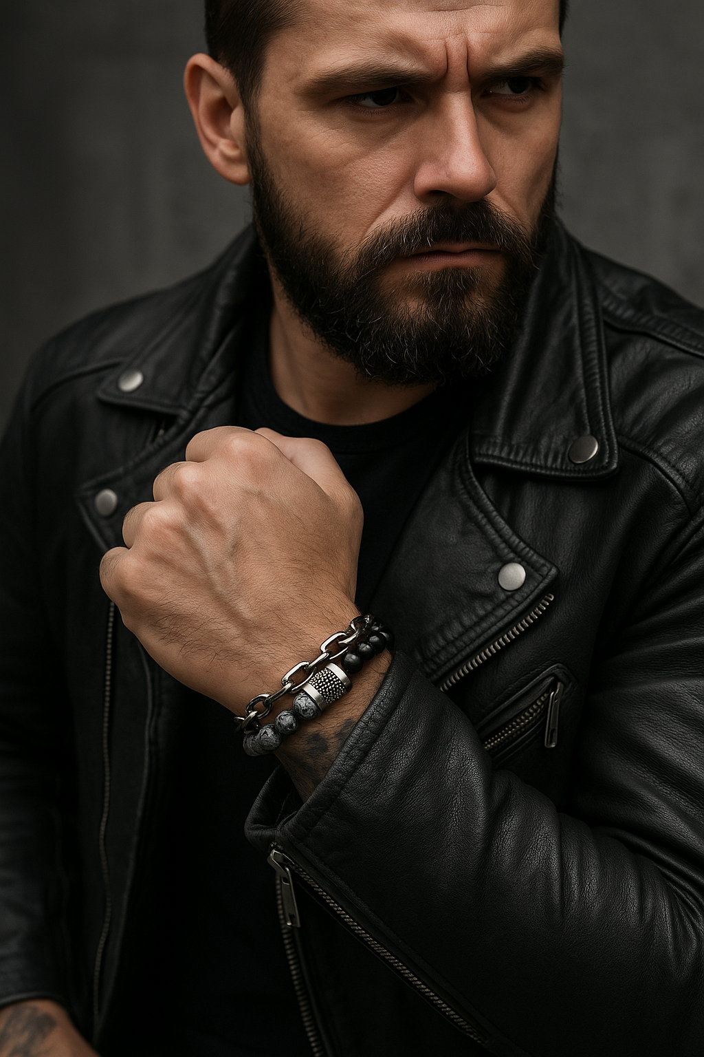 Herren Doppelarmband Schwarz – Perlen & Naturstein Punk Style