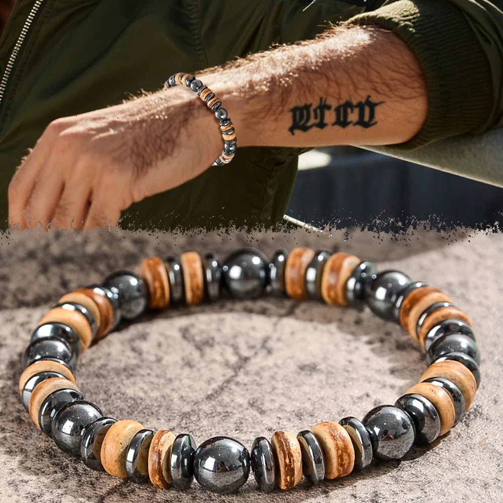 Lava & Holzperlen Armband mit Hämatit – Herren Naturstein
