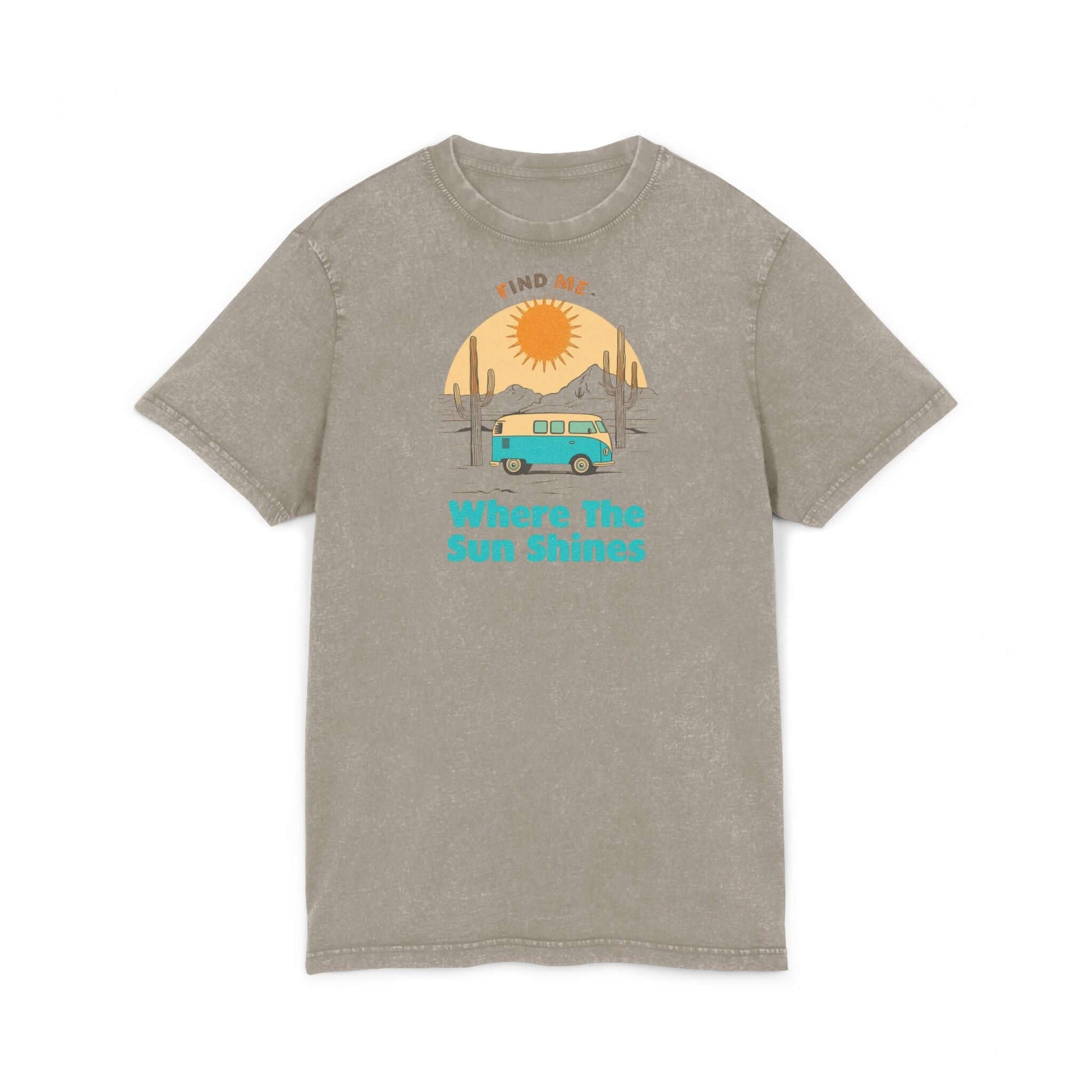 Where The Sun Shines Camper Van Tee | Acid Wash Travel Shirt featuring retro camper graphic and sun design.