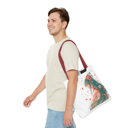 Einkaufstasche „Floral Anime Muse“ – Canvas Bag mit rotem Henkel – 3 Größen