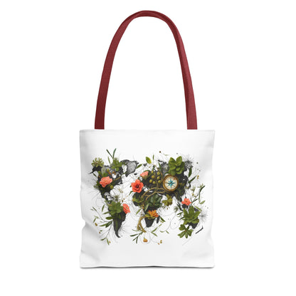 Einkaufstasche „Floral World Map“ – Canvas Bag mit rotem Henkel – 3 Größen