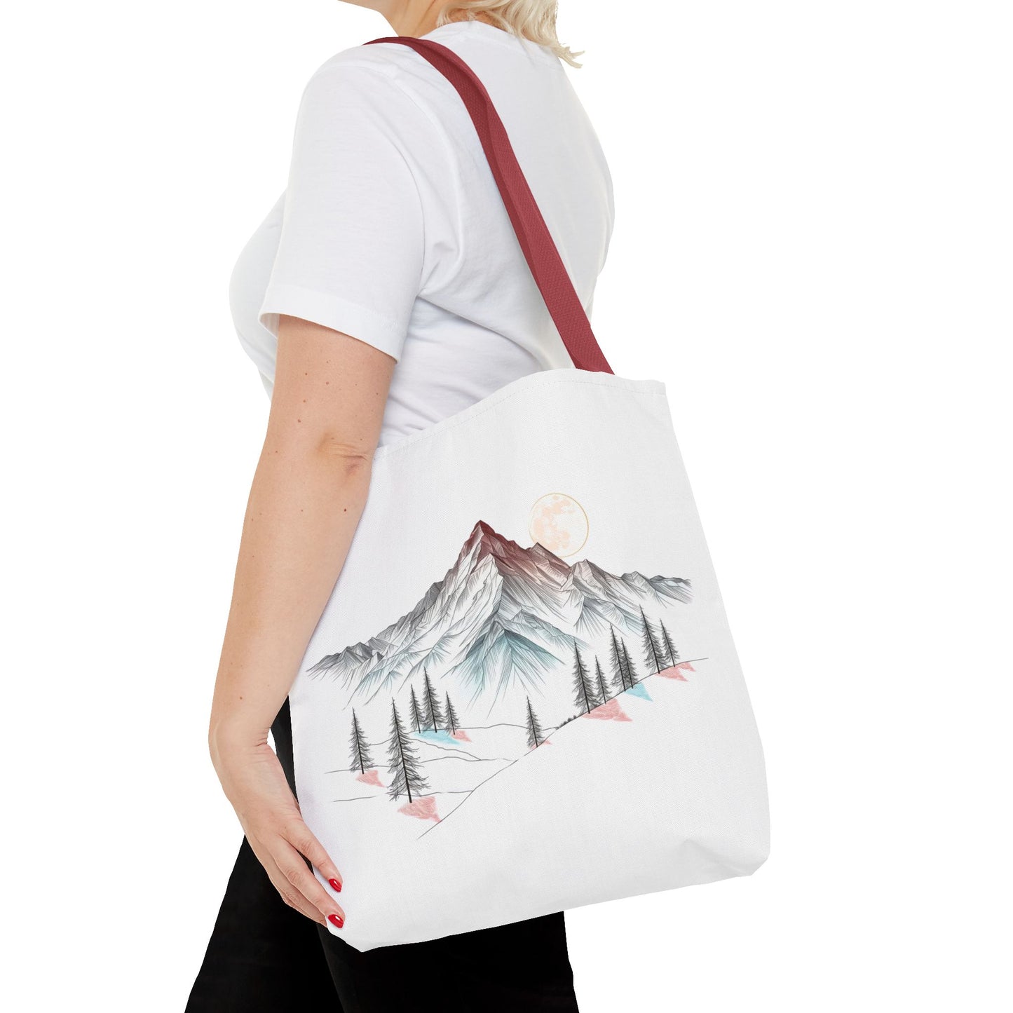 Modernes Canvas-Design „Wald & Berg Silhouette“ – Einkaufstasche mit 4 Henkel-Farben