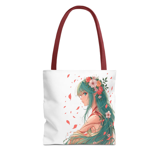 Einkaufstasche „Floral Anime Muse“ – Canvas Bag mit rotem Henkel – 3 Größen