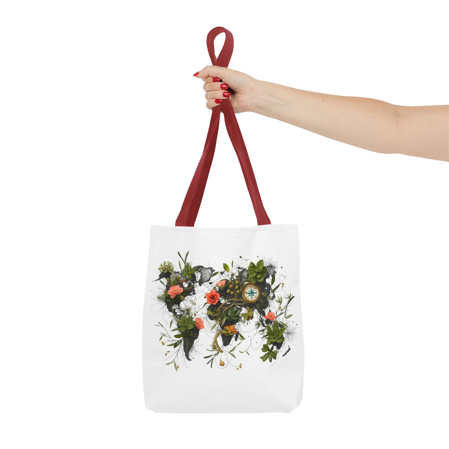 Einkaufstasche „Floral World Map“ – Canvas Bag mit rotem Henkel – 3 Größen