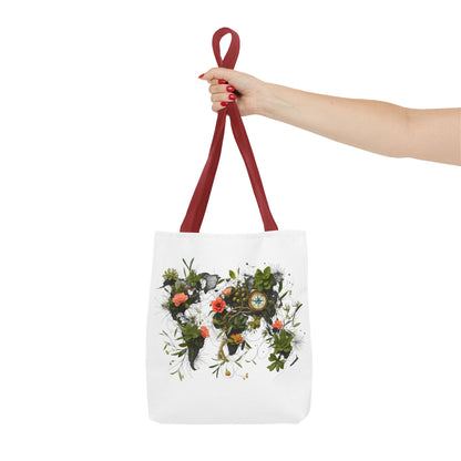 Einkaufstasche „Floral World Map“ – Canvas Bag mit rotem Henkel – 3 Größen
