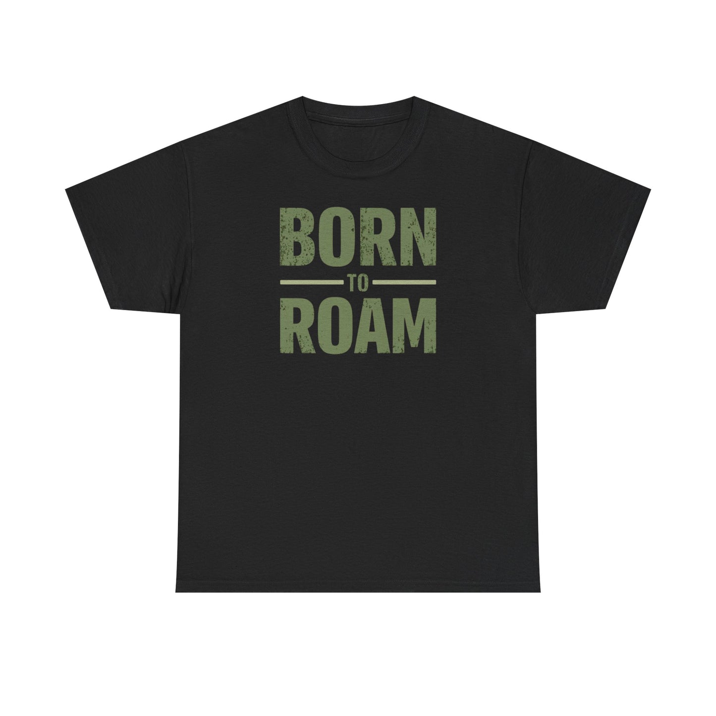 Born to Roam T-Shirt in schwarz mit grünem Druck, ideal für Abenteuer und Outdoor-Aktivitäten.