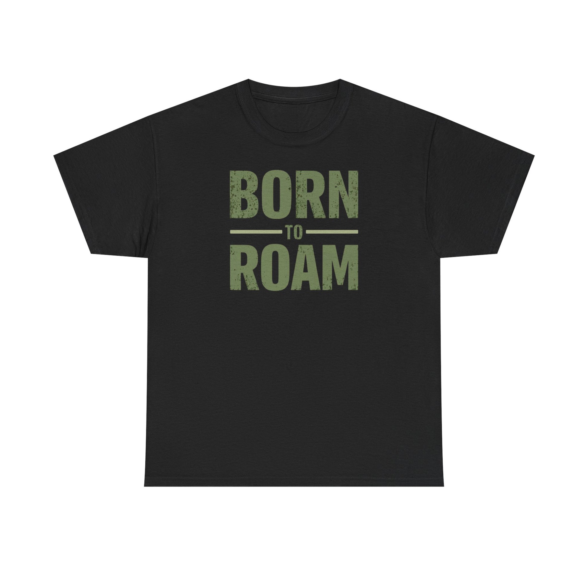 Born to Roam T-Shirt in schwarz mit grünem Druck, ideal für Abenteuer und Outdoor-Aktivitäten.