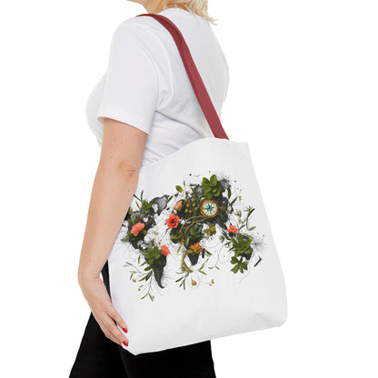 Einkaufstasche „Floral World Map“ – Canvas Bag mit rotem Henkel – 3 Größen