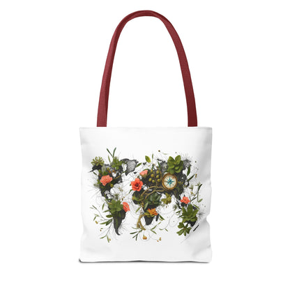 Einkaufstasche „Floral World Map“ – Canvas Bag mit rotem Henkel – 3 Größen