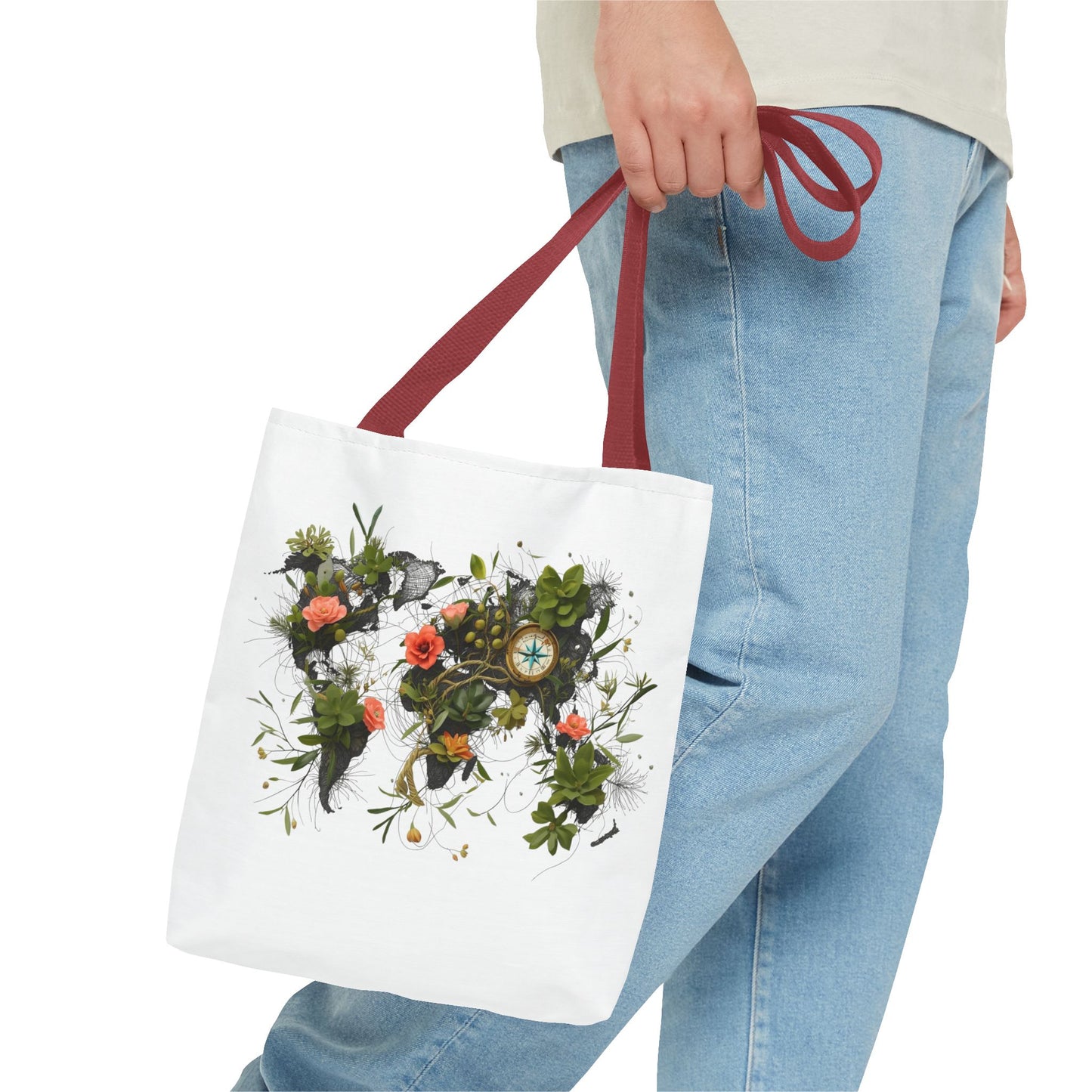 Einkaufstasche „Floral World Map“ – Canvas Bag mit rotem Henkel – 3 Größen