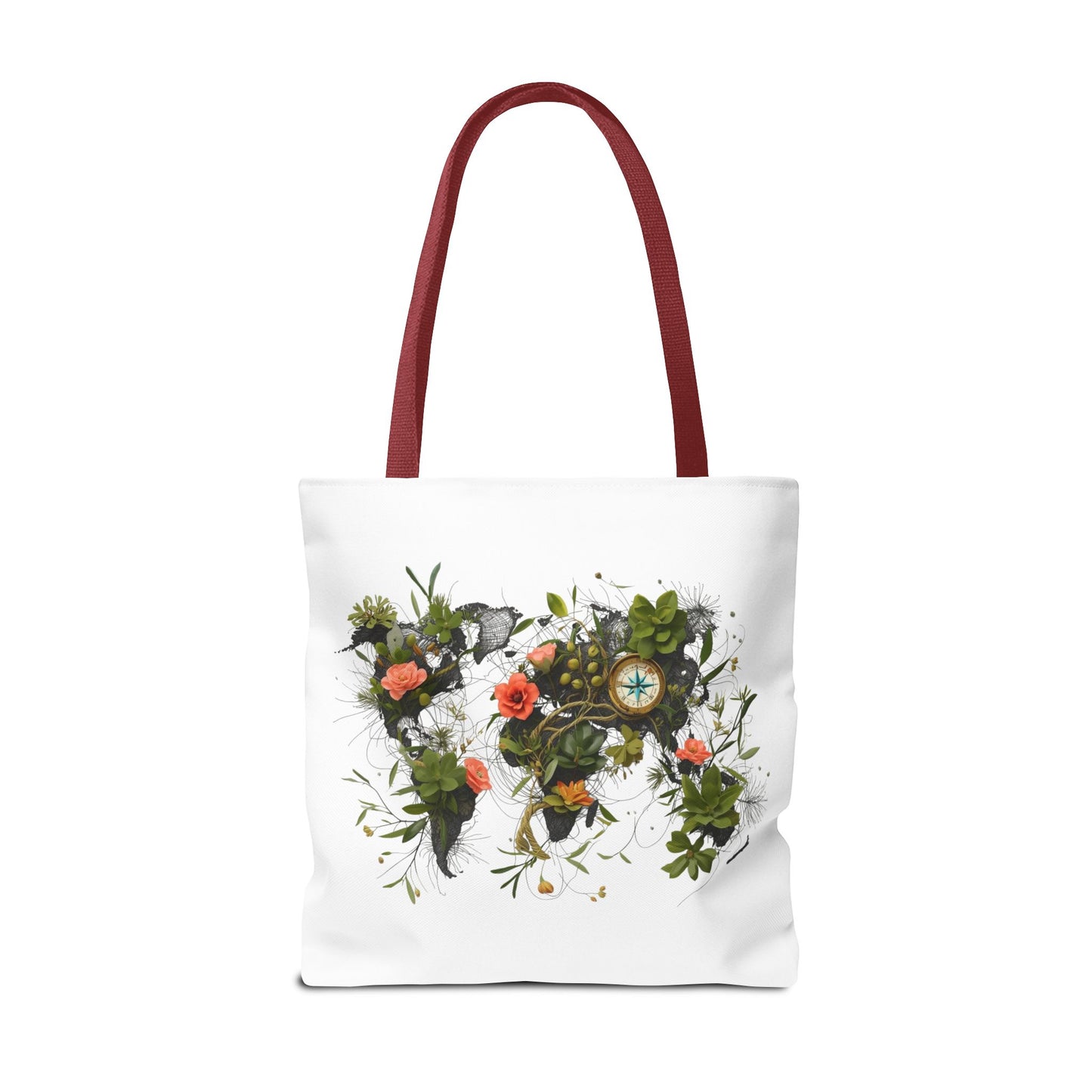 Einkaufstasche „Floral World Map“ – Canvas Bag mit rotem Henkel – 3 Größen