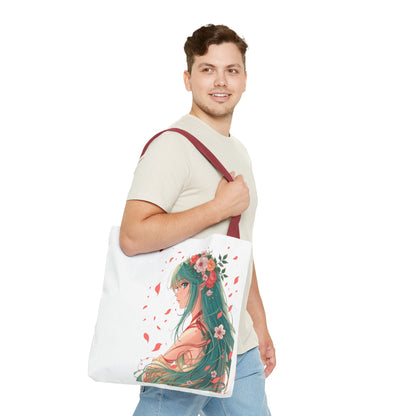 Einkaufstasche „Floral Anime Muse“ – Canvas Bag mit rotem Henkel – 3 Größen