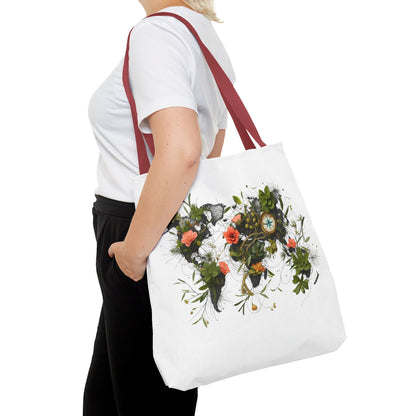 Einkaufstasche „Floral World Map“ – Canvas Bag mit rotem Henkel – 3 Größen