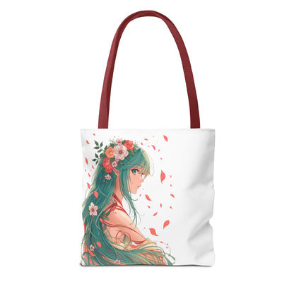 Einkaufstasche „Floral Anime Muse“ – Canvas Bag mit rotem Henkel – 3 Größen