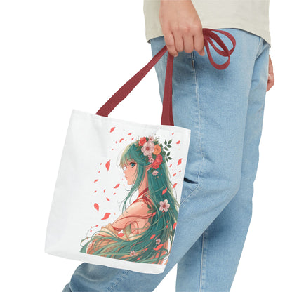 Einkaufstasche „Floral Anime Muse“ – Canvas Bag mit rotem Henkel – 3 Größen