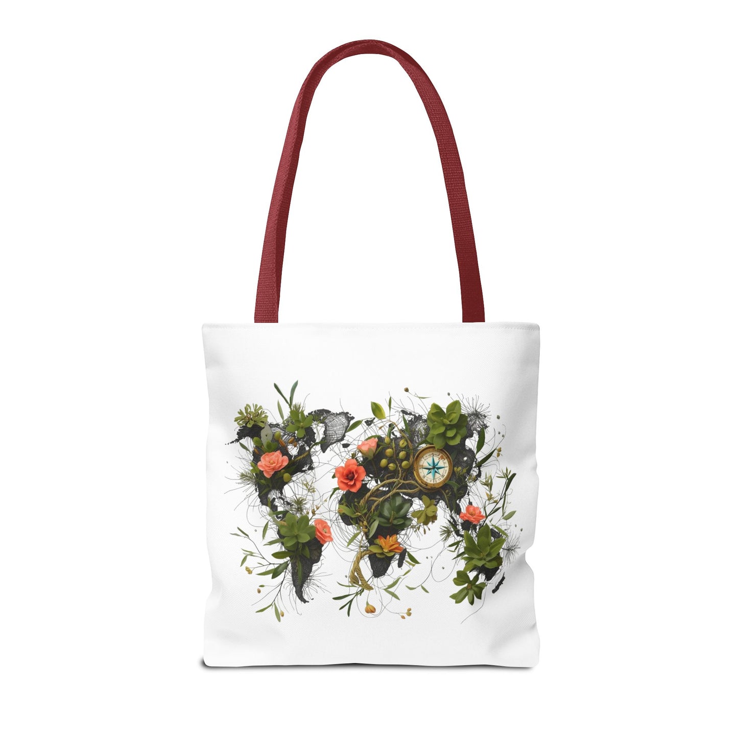 Einkaufstasche „Floral World Map“ – Canvas Bag mit rotem Henkel – 3 Größen