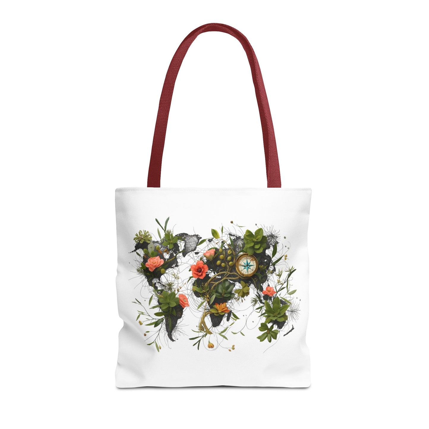 Einkaufstasche „Floral World Map“ – Canvas Bag mit rotem Henkel – 3 Größen
