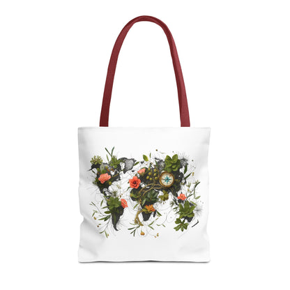 Einkaufstasche „Floral World Map“ – Canvas Bag mit rotem Henkel – 3 Größen