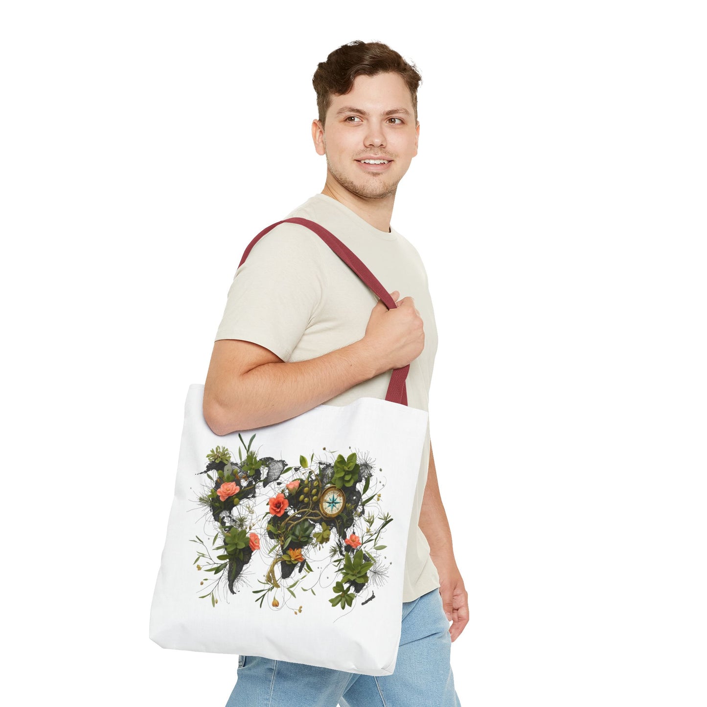 Einkaufstasche „Floral World Map“ – Canvas Bag mit rotem Henkel – 3 Größen