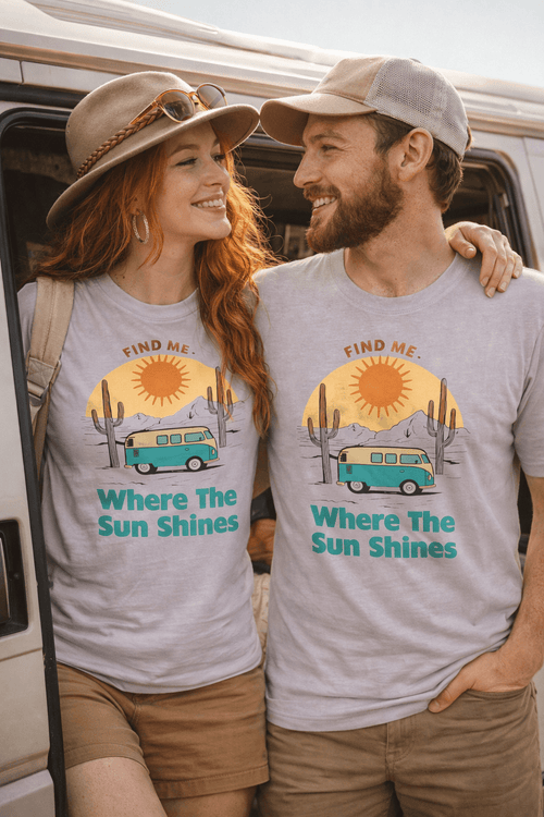 Where The Sun Shines Camper Van Tee | Acid Wash Travel Shirt on couple by van, showcasing retro camper graphic.
