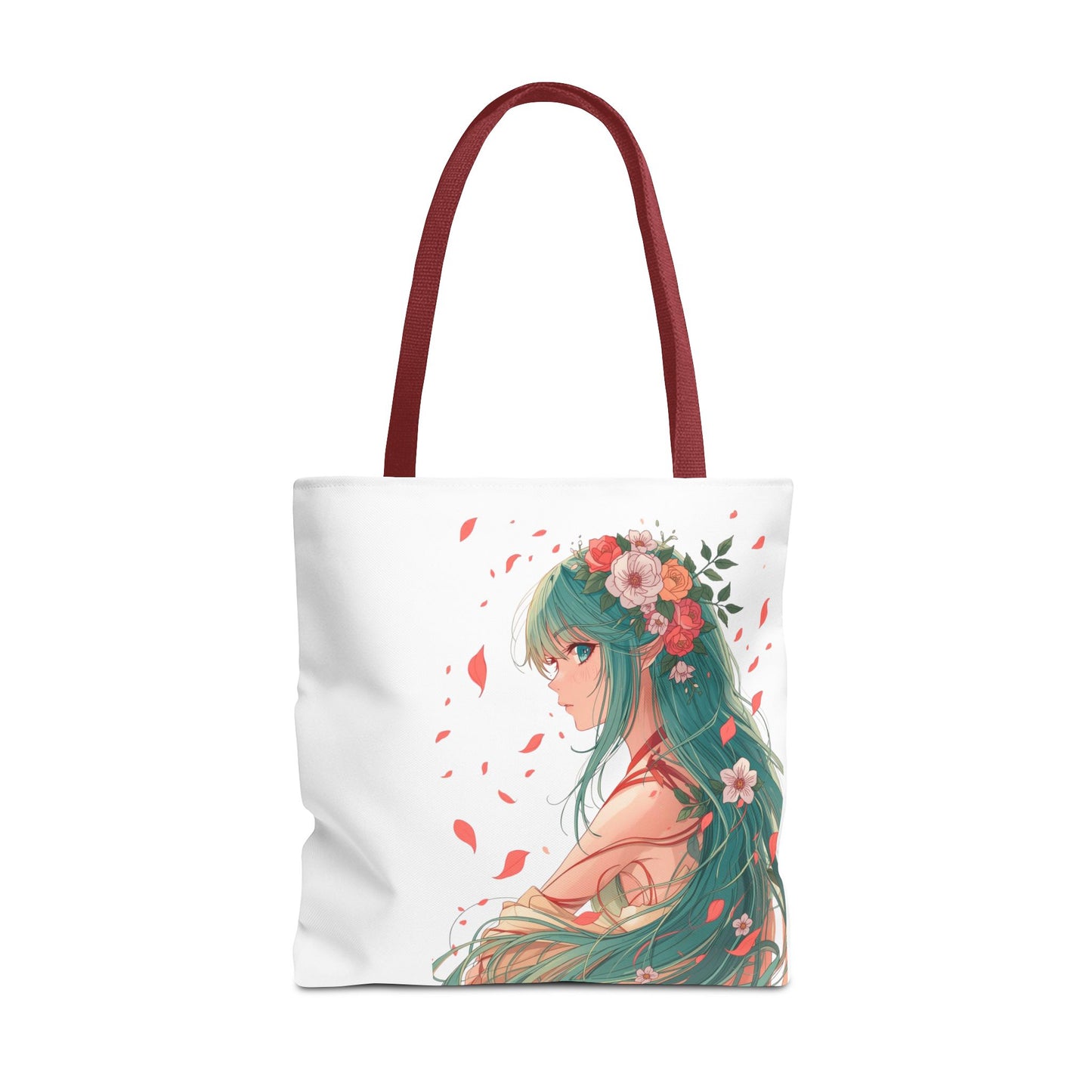 Einkaufstasche „Floral Anime Muse“ – Canvas Bag mit rotem Henkel – 3 Größen