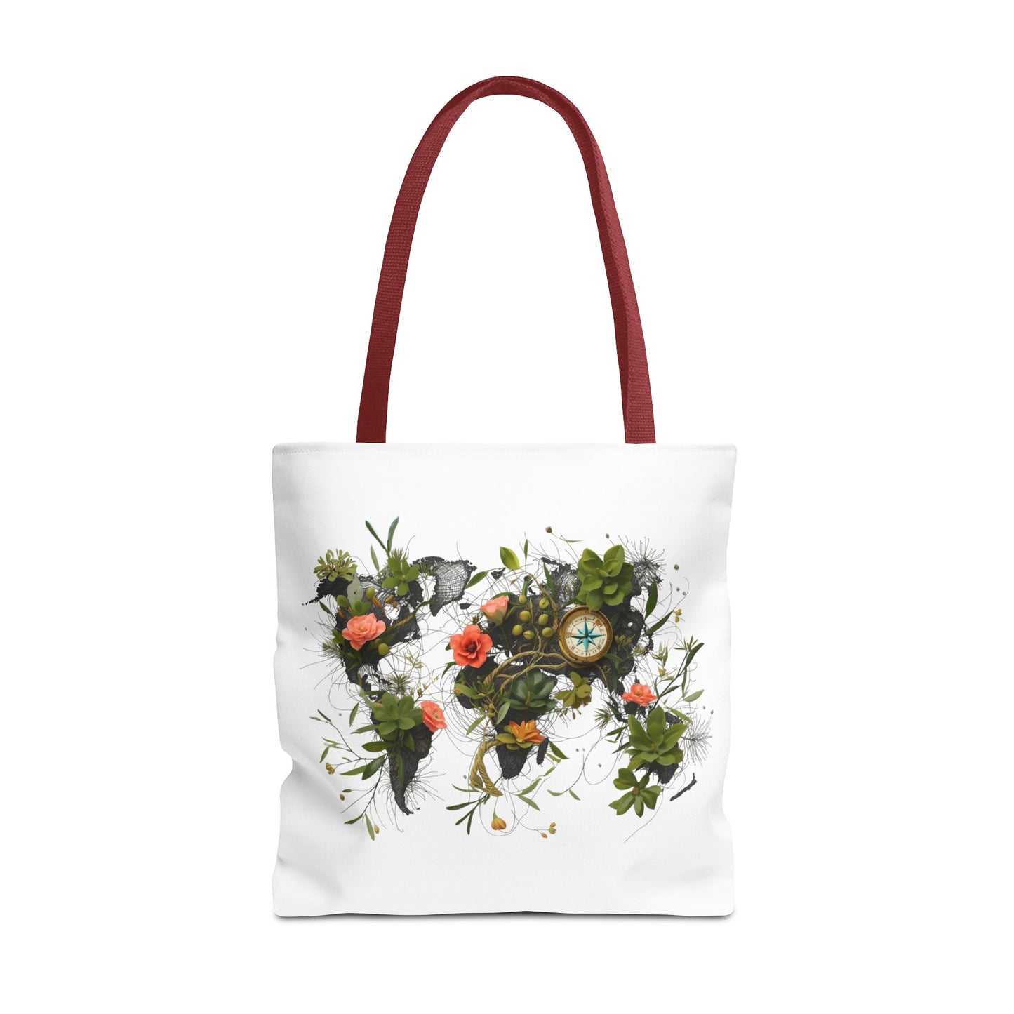 Einkaufstasche „Floral World Map“ – Canvas Bag mit rotem Henkel – 3 Größen