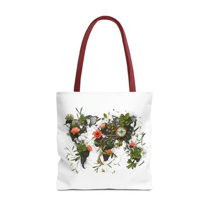 Einkaufstasche „Floral World Map“ – Canvas Bag mit rotem Henkel – 3 Größen