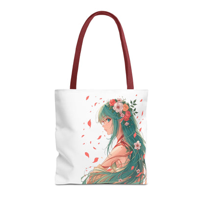 Einkaufstasche „Floral Anime Muse“ – Canvas Bag mit rotem Henkel – 3 Größen