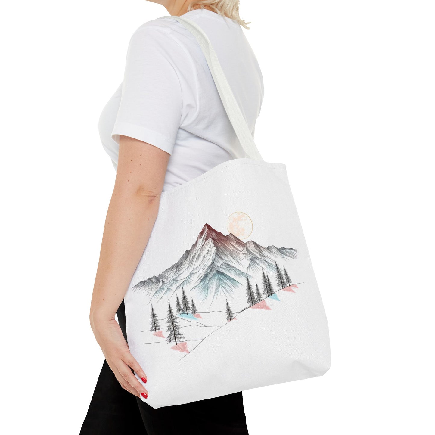 Modernes Canvas-Design „Wald & Berg Silhouette“ – Einkaufstasche mit 4 Henkel-Farben
