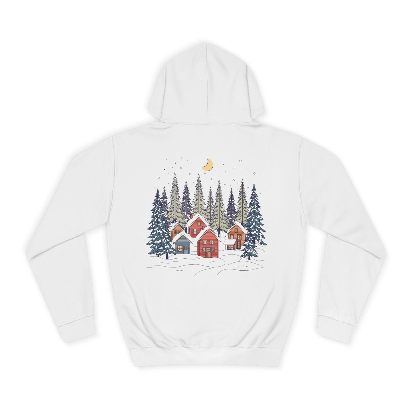 Hoodie — Cozy Winter Cabin Forest Graphic Hoodie (Moon & Snowy Village)