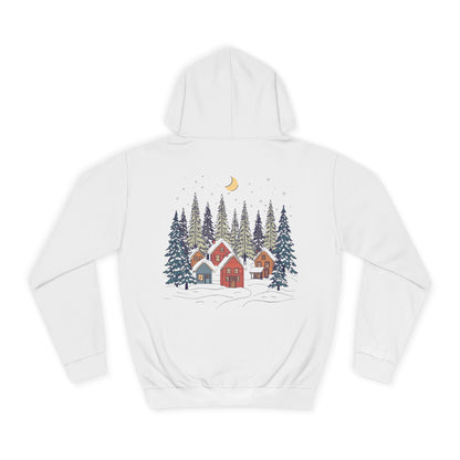 Hoodie — Cozy Winter Cabin Forest Graphic Hoodie (Moon & Snowy Village)