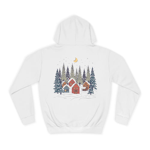 Hoodie — Cozy Winter Cabin Forest Graphic Hoodie (Moon & Snowy Village)