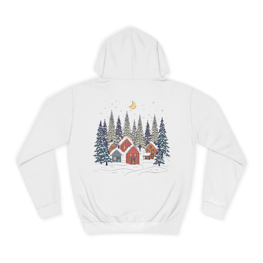 Hoodie — Cozy Winter Cabin Forest Graphic Hoodie (Moon & Snowy Village)