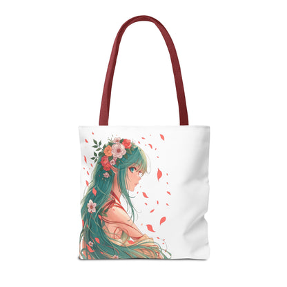 Einkaufstasche „Floral Anime Muse“ – Canvas Bag mit rotem Henkel – 3 Größen