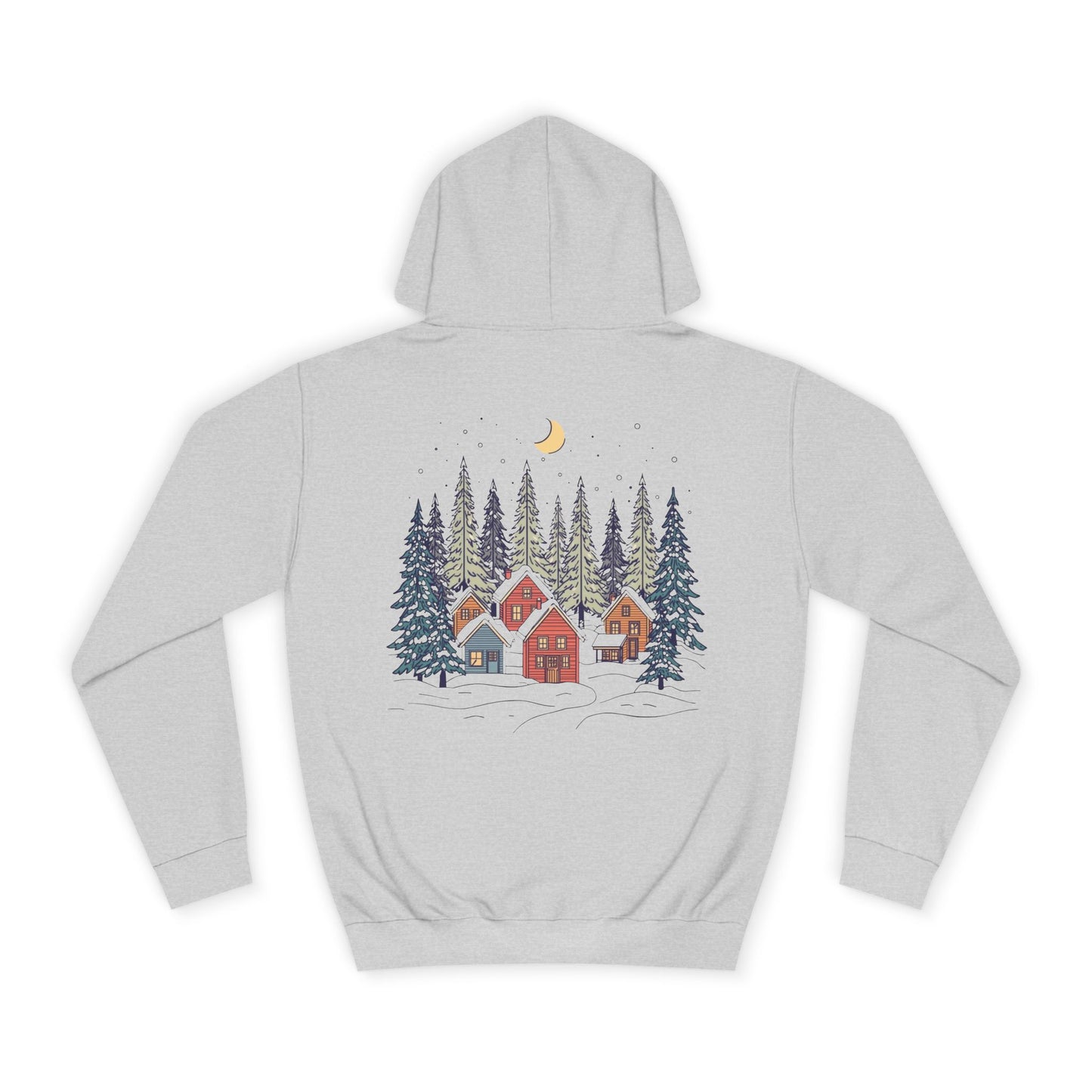 Hoodie — Cozy Winter Cabin Forest Graphic Hoodie (Moon & Snowy Village)