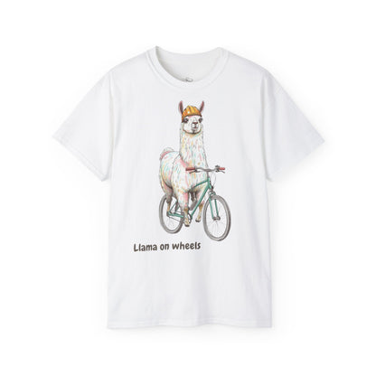 Llama on Wheels T-Shirt, Fun Graphic Tee for Animal Lovers, Summer Casual Wear, Perfect Gift for Birthdays and Holidays
