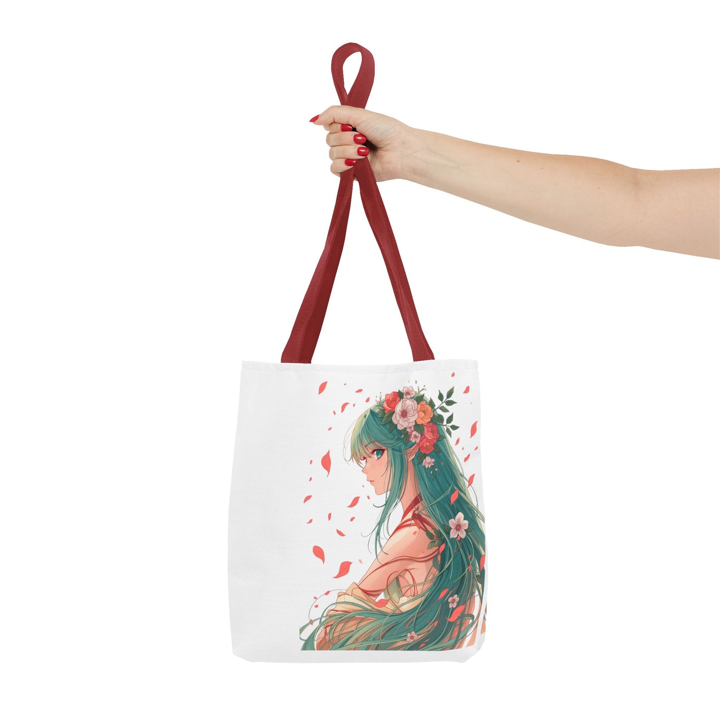 Einkaufstasche „Floral Anime Muse“ – Canvas Bag mit rotem Henkel – 3 Größen