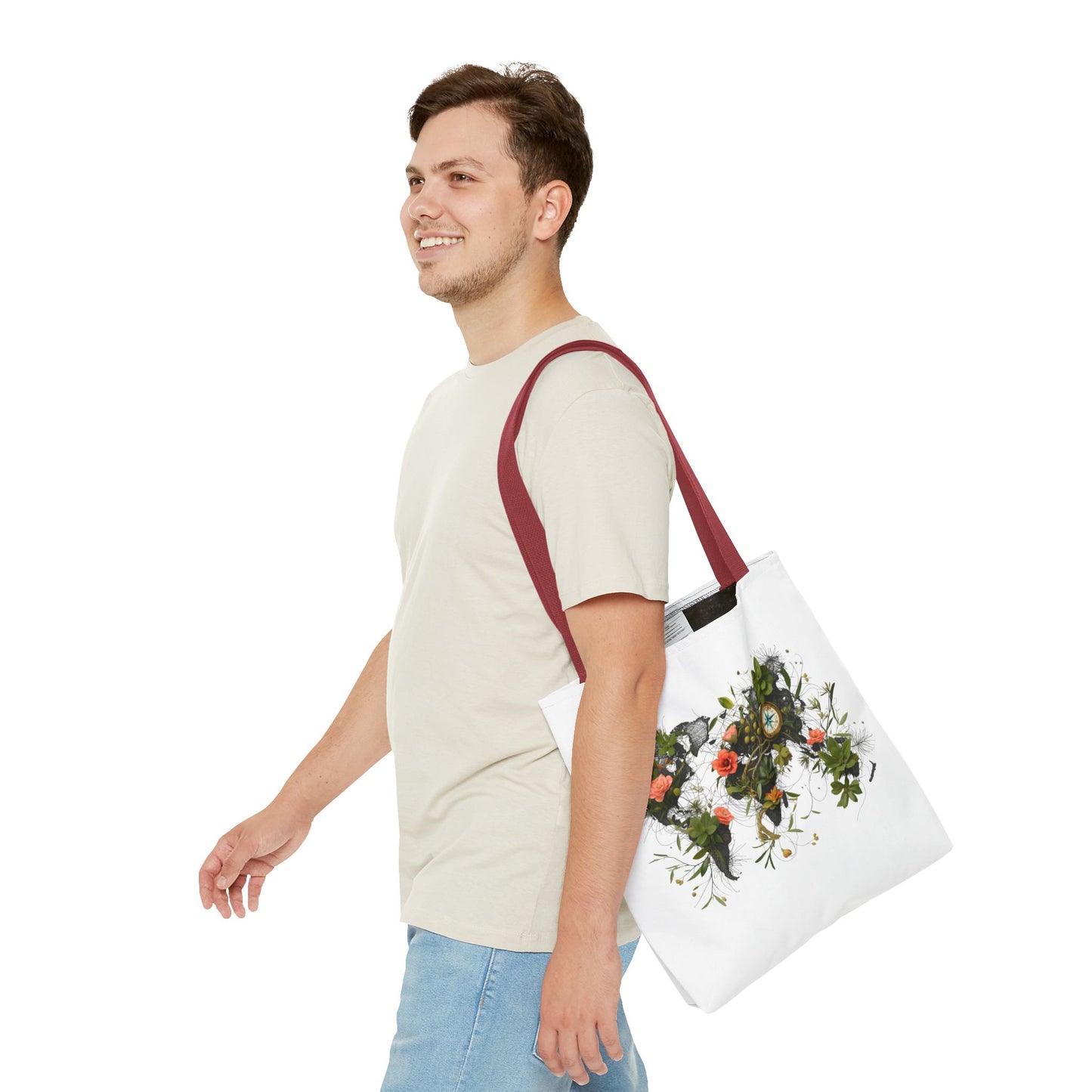 Einkaufstasche „Floral World Map“ – Canvas Bag mit rotem Henkel – 3 Größen