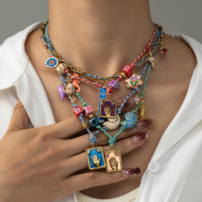 Bohemian handmade women's layered necklace, colorful accessories, eyelets, shells, Hamza hands, bead chains, fashionable jewelry