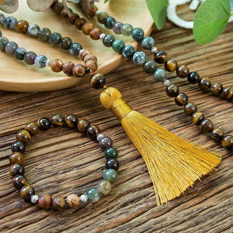 108 Mala Perlen Set Tigerauge & Achat – Yoga Halskette
