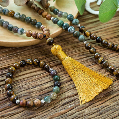 108 Mala Perlen Set Tigerauge & Achat – Yoga Halskette