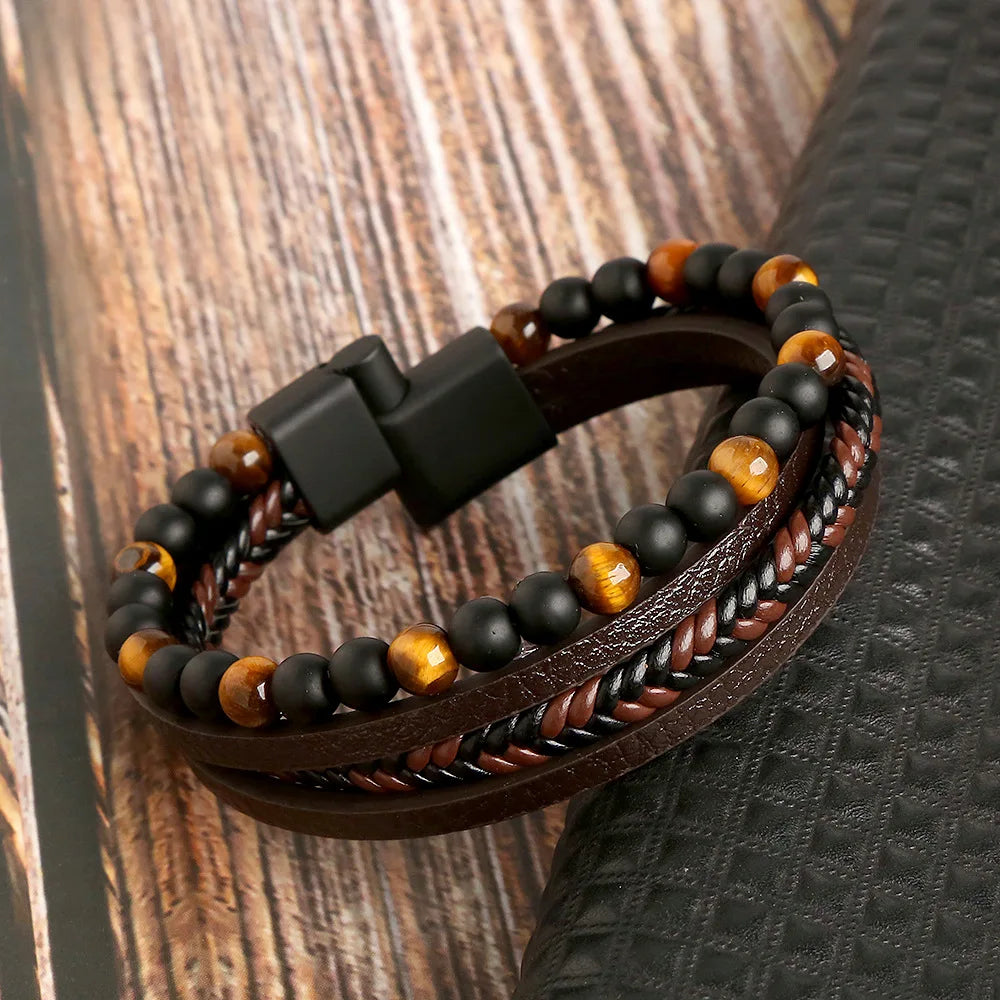 Herrenarmband „Tiger Spirit“ – Leder & Onyx mit Tigerauge | Mehrlagig, Braun-Schwarz