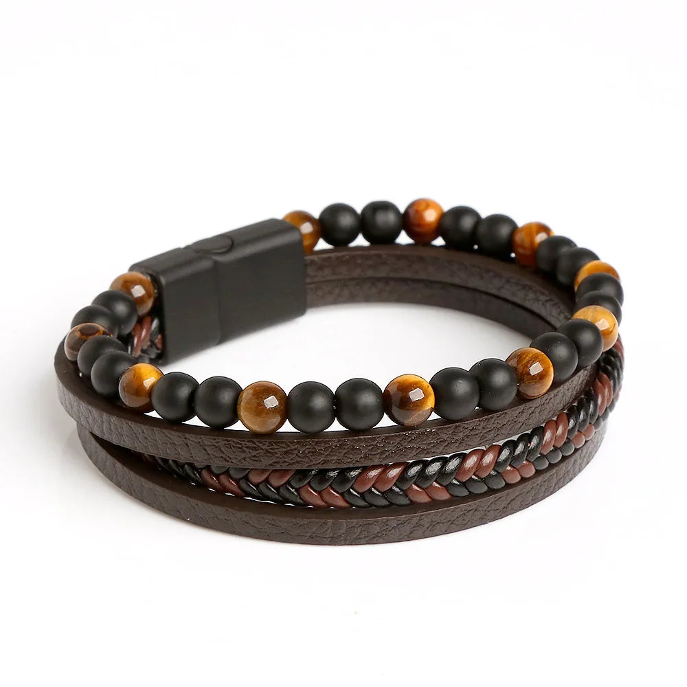 Herrenarmband „Tiger Spirit“ – Leder & Onyx mit Tigerauge | Mehrlagig, Braun-Schwarz
