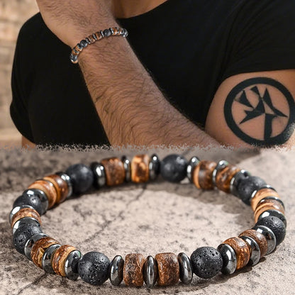 Lava & Holzperlen Armband mit Hämatit – Herren Naturstein