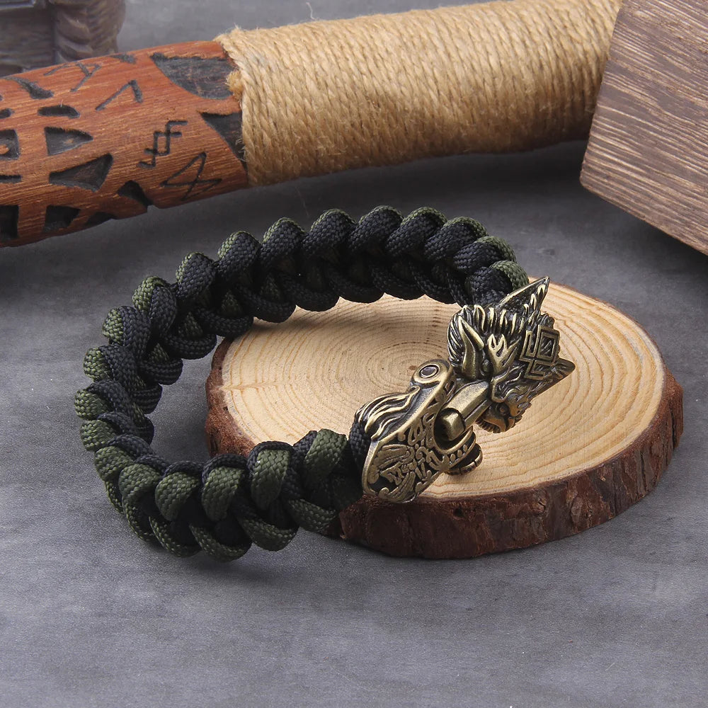 Wikinger Wolf Armband Edelstahl – Herren Kordelarmband
