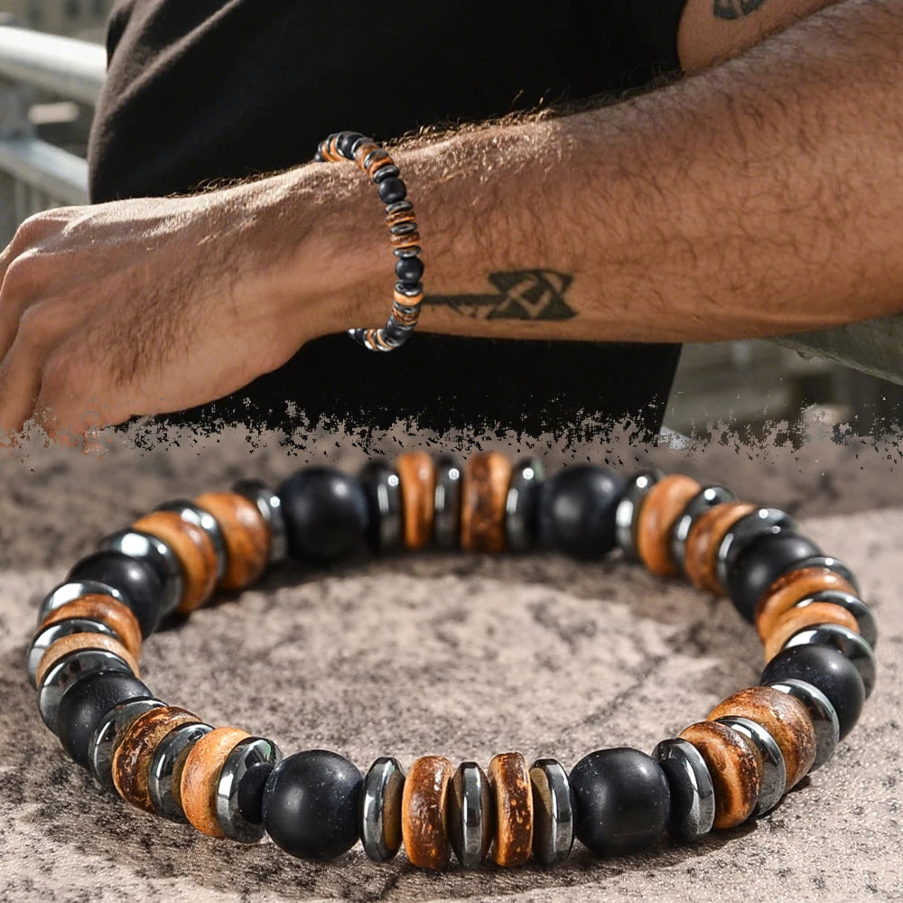 Lava & Holzperlen Armband mit Hämatit – Herren Naturstein