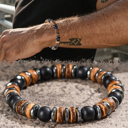 Lava & Holzperlen Armband mit Hämatit – Herren Naturstein