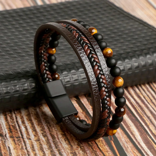 Herrenarmband „Tiger Spirit“ – Leder & Onyx mit Tigerauge | Mehrlagig, Braun-Schwarz