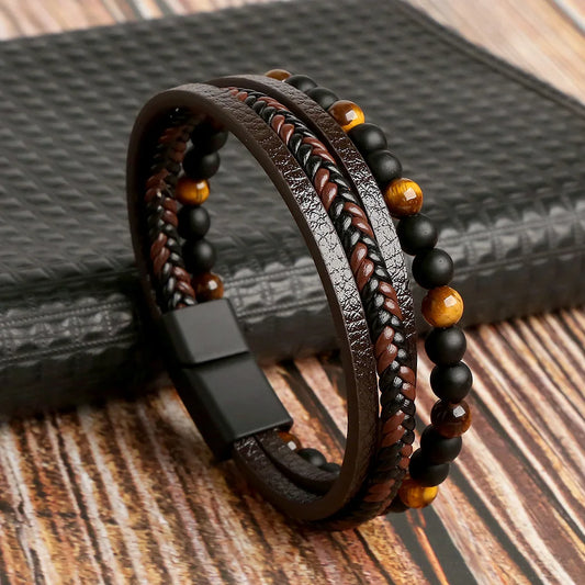 Herrenarmband „Tiger Spirit“ – Leder & Onyx mit Tigerauge | Mehrlagig, Braun-Schwarz