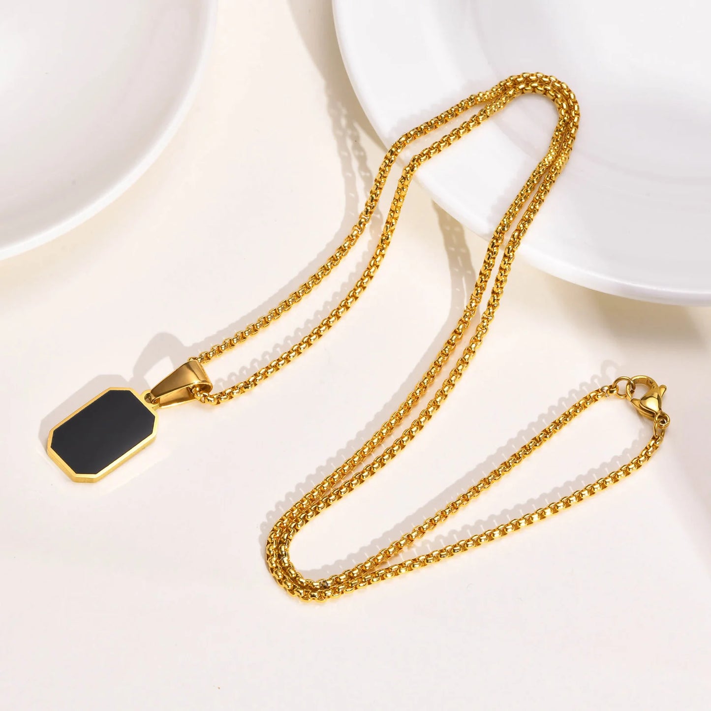 Herren Halskette Edelstahl – Rechteckiger Anhänger Schwarz